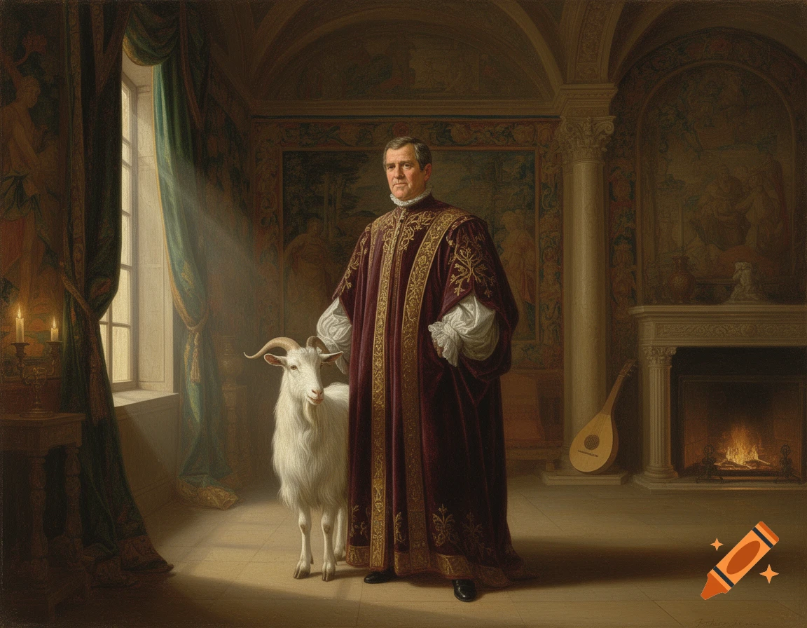 A renaissance-style portrait painting of George W. Bush in a rich robe, standing next to a white goat in an ornate room with a fireplace.