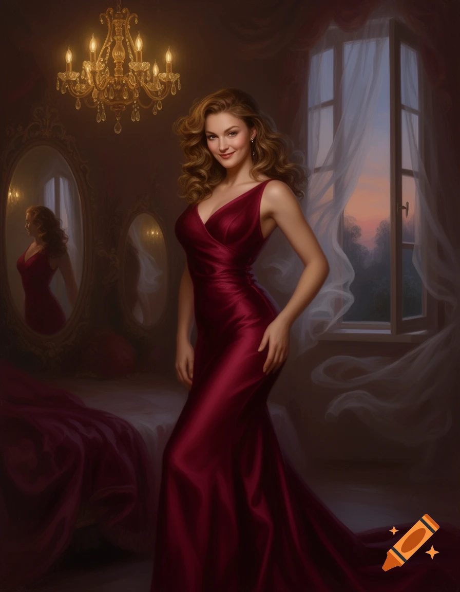 A photorealistic portrait of a smiling woman in a long, flowing red satin dress, standing in a luxurious room with a chandelier.