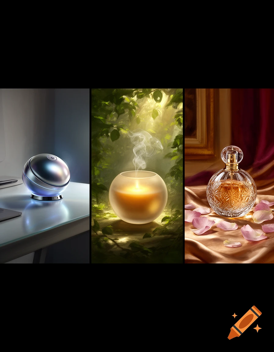 Three vertical panels: a metallic spherical device on a desk, a glowing candle in a glass sphere in a forest, and a perfume bottle on satin with rose petals.