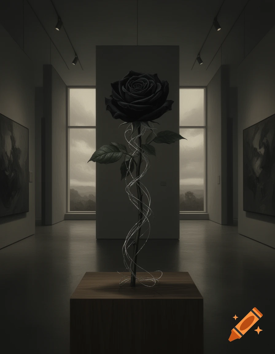 A black rose with silvery tendrils on a pedestal in a dim art gallery, with abstract paintings and large windows.