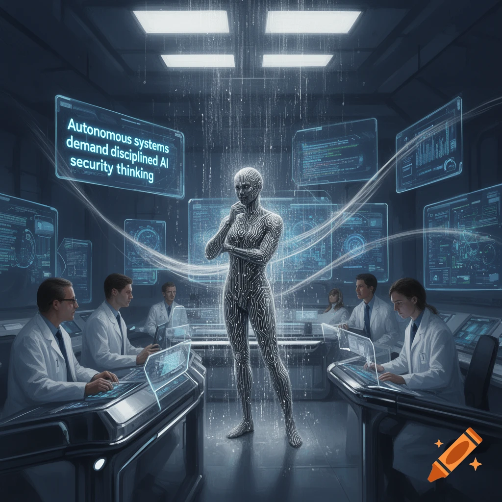 A circuit-patterned AI figure stands among scientists in a futuristic lab with screens, one displaying a security thinking prompt.