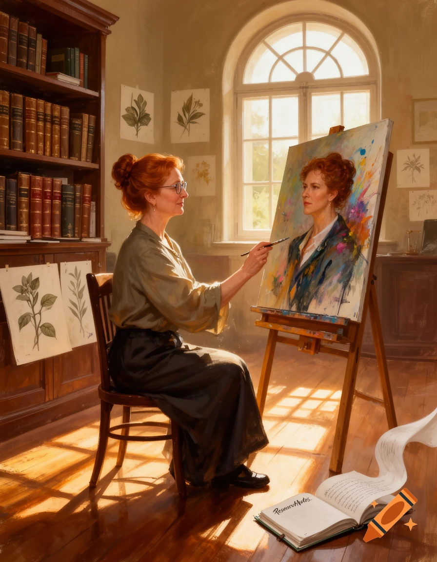 A red-haired woman in a sunlit art studio paints a portrait of herself, surrounded by bookshelves and botanical prints.