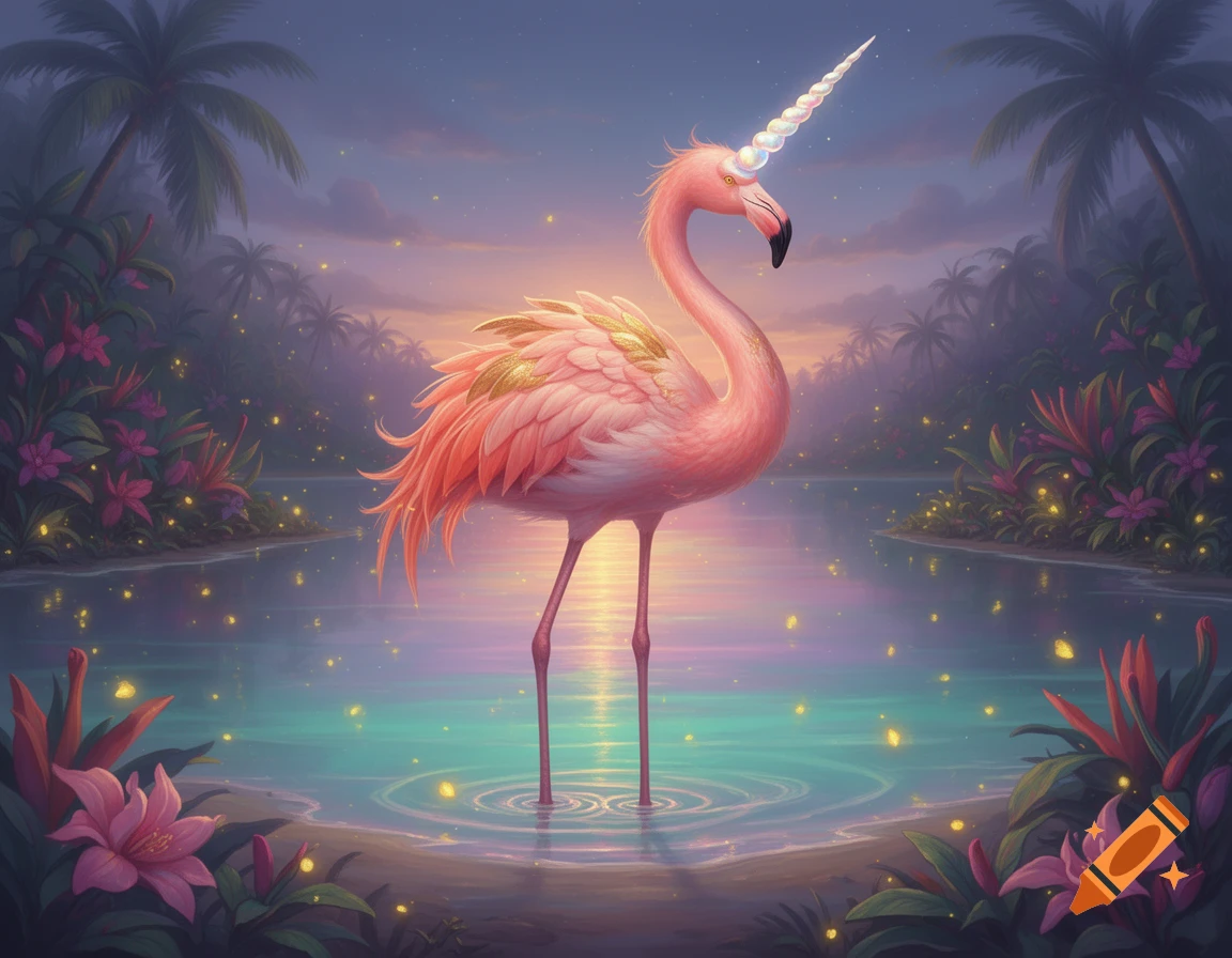 A pink flamingo with a sparkling unicorn horn stands in shallow water at dusk, surrounded by glowing tropical foliage.