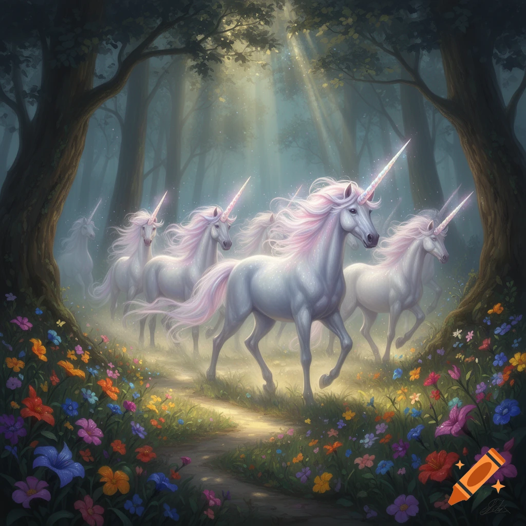 A herd of majestic white unicorns with pink manes and glowing horns trot along a sun-dappled path through a magical forest filled with colorful wildflowers.