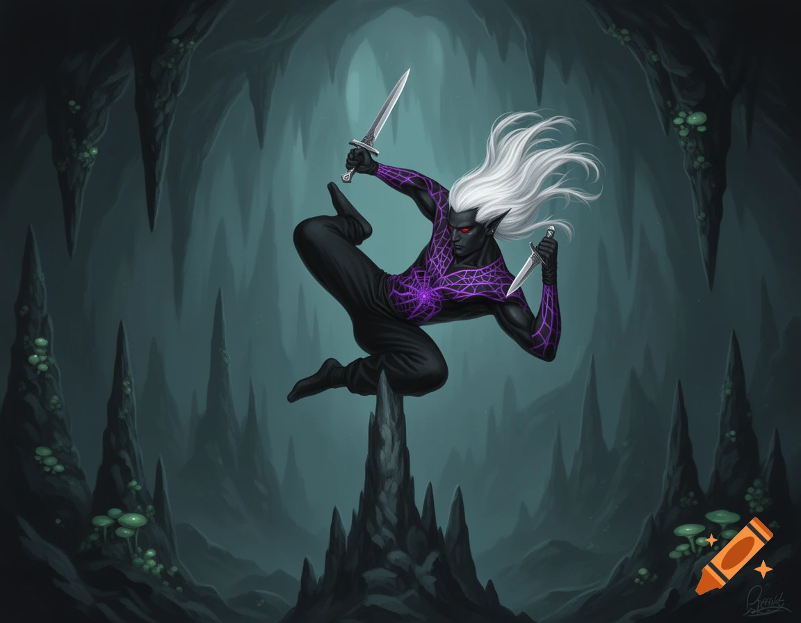 Male drow elf with white hair, red eyes, and purple spiderweb attire, doing a backflip with two daggers in a dark fantasy cave.