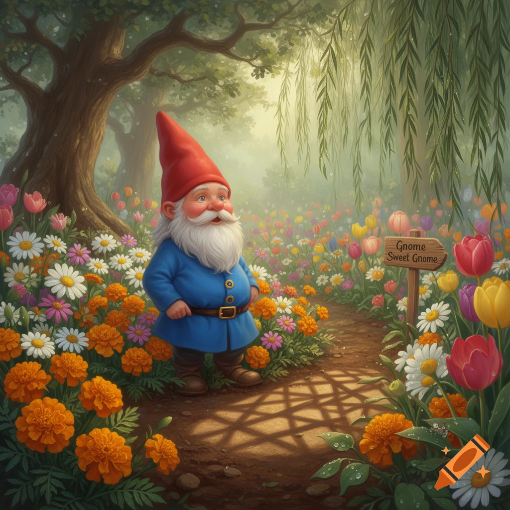 A whimsical garden gnome in a blue coat and red hat stands on a path surrounded by colorful flowers and trees. A sign reads 'Gnome Sweet Gnome'.