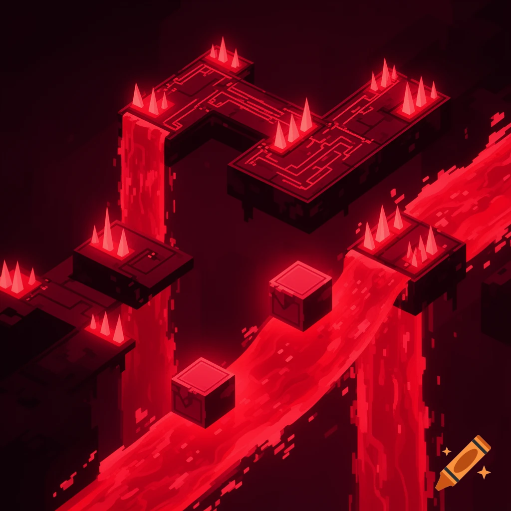 Isometric game art featuring dark platforms with glowing red spikes and rivers of pixelated red lava-like liquid flowing through a dark abyss.