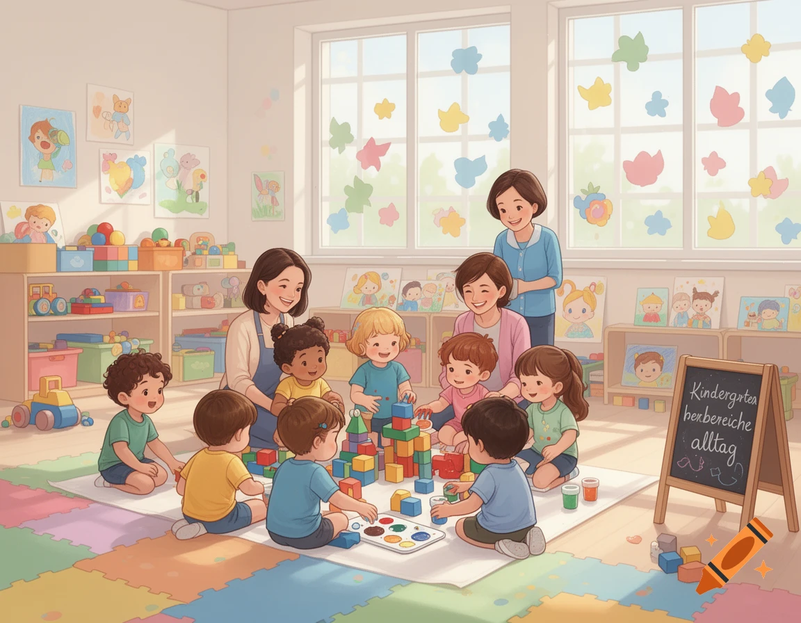Illustration of children playing with building blocks and painting in a brightly lit kindergarten classroom with teachers.