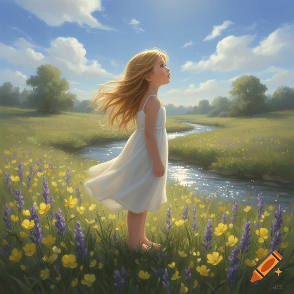 A young girl with blonde hair in a white dress stands barefoot in a field of wildflowers, gazing up at a cloudy sky. A river winds through the painterly landscape.