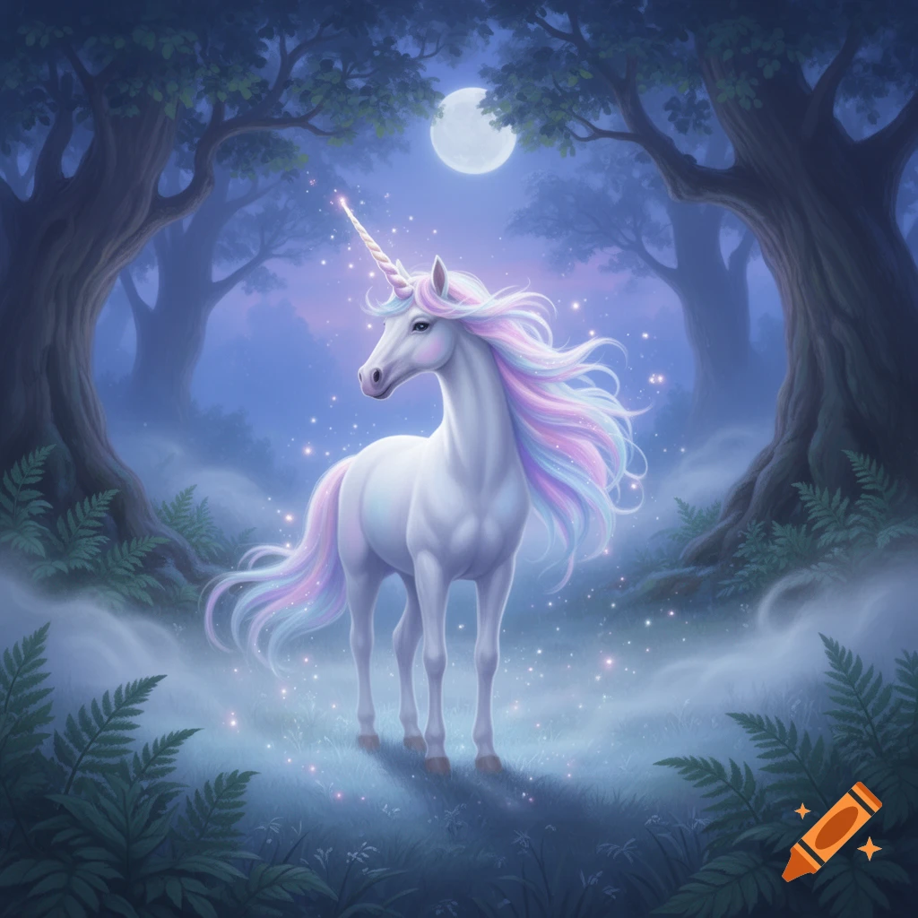 A white unicorn with a rainbow mane and tail stands in a mystical, moonlit forest, surrounded by shimmering magic.