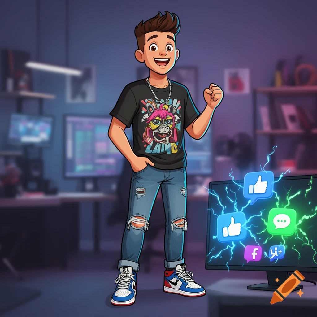 A stylized cartoon boy with brown hair and a black t-shirt with a pink monster graphic, ripped jeans, and colorful sneakers, stands smiling in a computer room, next to a monitor displaying glowing social media icons and lightning effects.