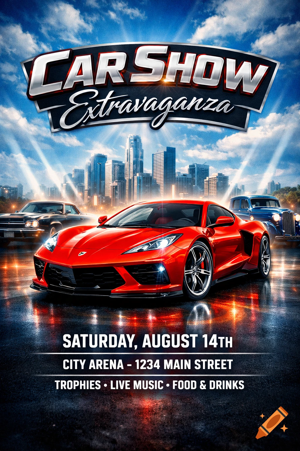 A vibrant car show flyer featuring a red sports car, classic vehicles, a city skyline, and event details on a wet road.