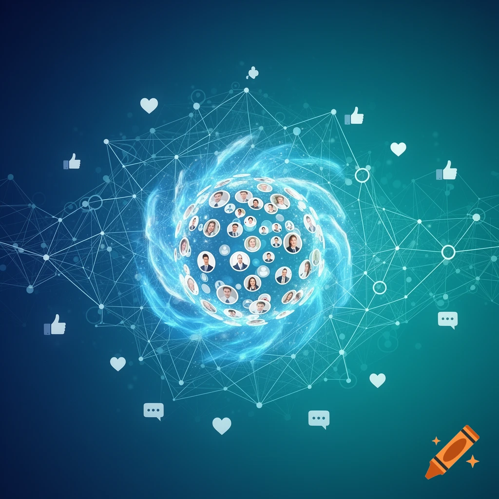 A glowing blue sphere covered in diverse profile photos, surrounded by a network of lines and social media icons like hearts, thumbs up, and chat bubbles on a gradient background.