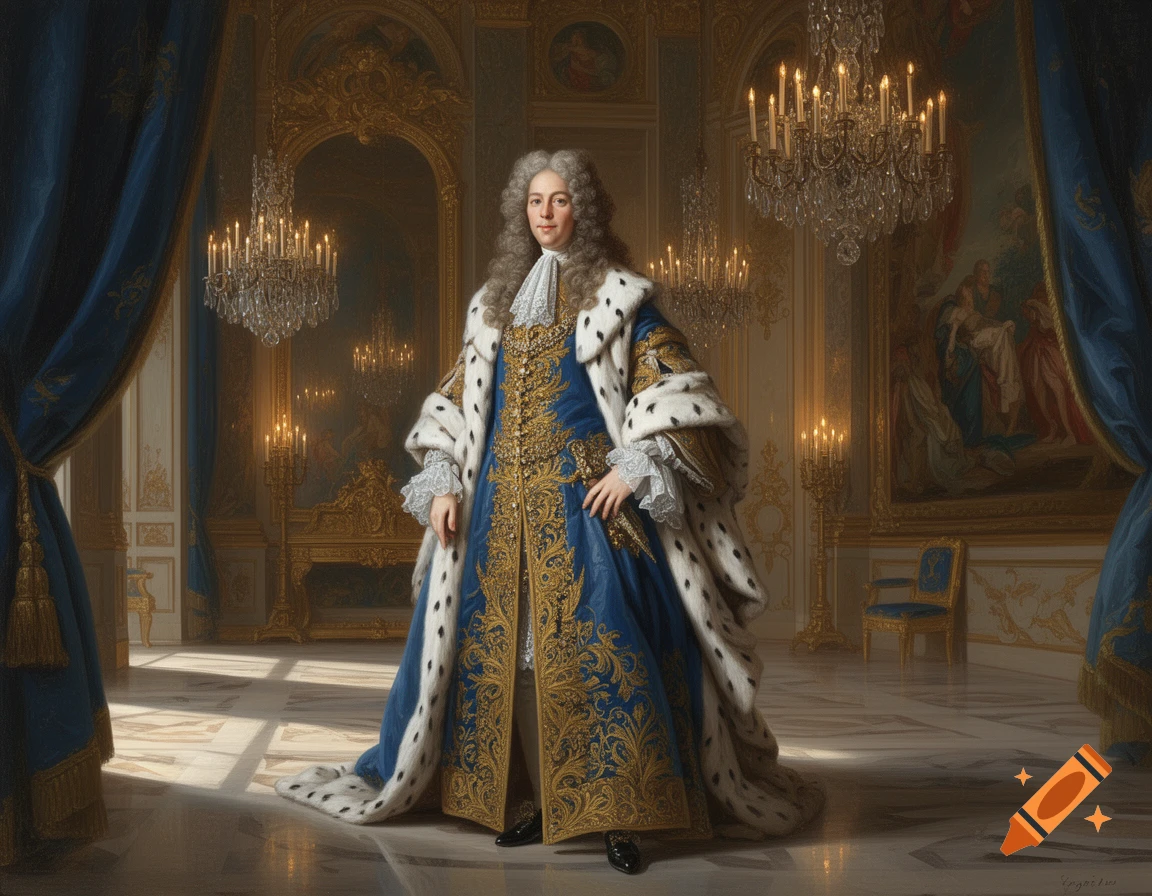 A man in a white wig and elaborate blue and gold regal attire stands in an ornate, gilded hall with chandeliers. Painting.