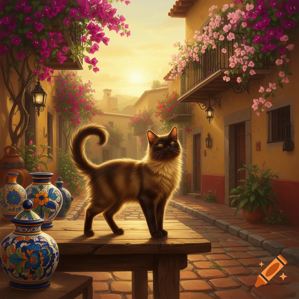 A brown and black cat stands on a wooden table in a vibrant, sunlit Mexican-style street with yellow buildings and pink bougainvillea.