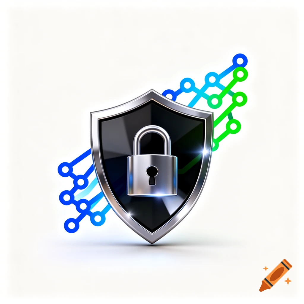 A 3D icon of a metallic shield with a silver padlock, featuring abstract blue and green circuit lines on a white background.