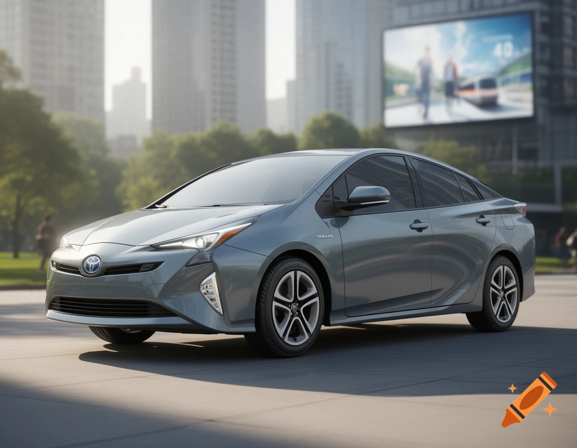 Photorealistic grey Toyota Prius parked on a city street with blurred buildings and trees in the background.