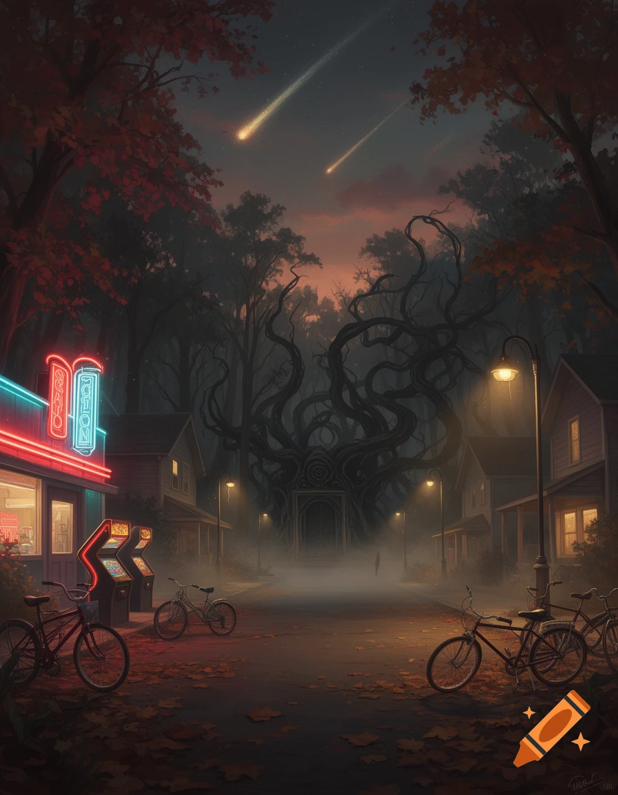 Eerie street at dusk with an arcade, bicycles, and glowing streetlights. In the background, a monstrous, tentacled entity rises from the fog under a meteor-streaked sky.