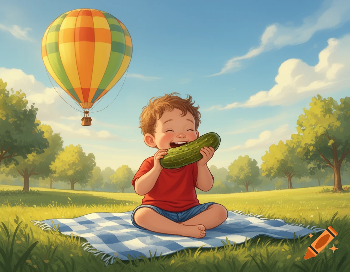 A happy cartoon child sits on a blanket in a sunny park, eating a pickle, with a colorful hot air balloon in the background.