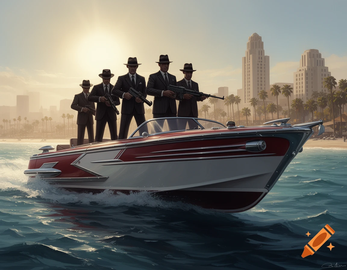 Five armed gangsters in suits stand on a vintage 1950s motorboat sailing past the sunny Los Angeles coastline.