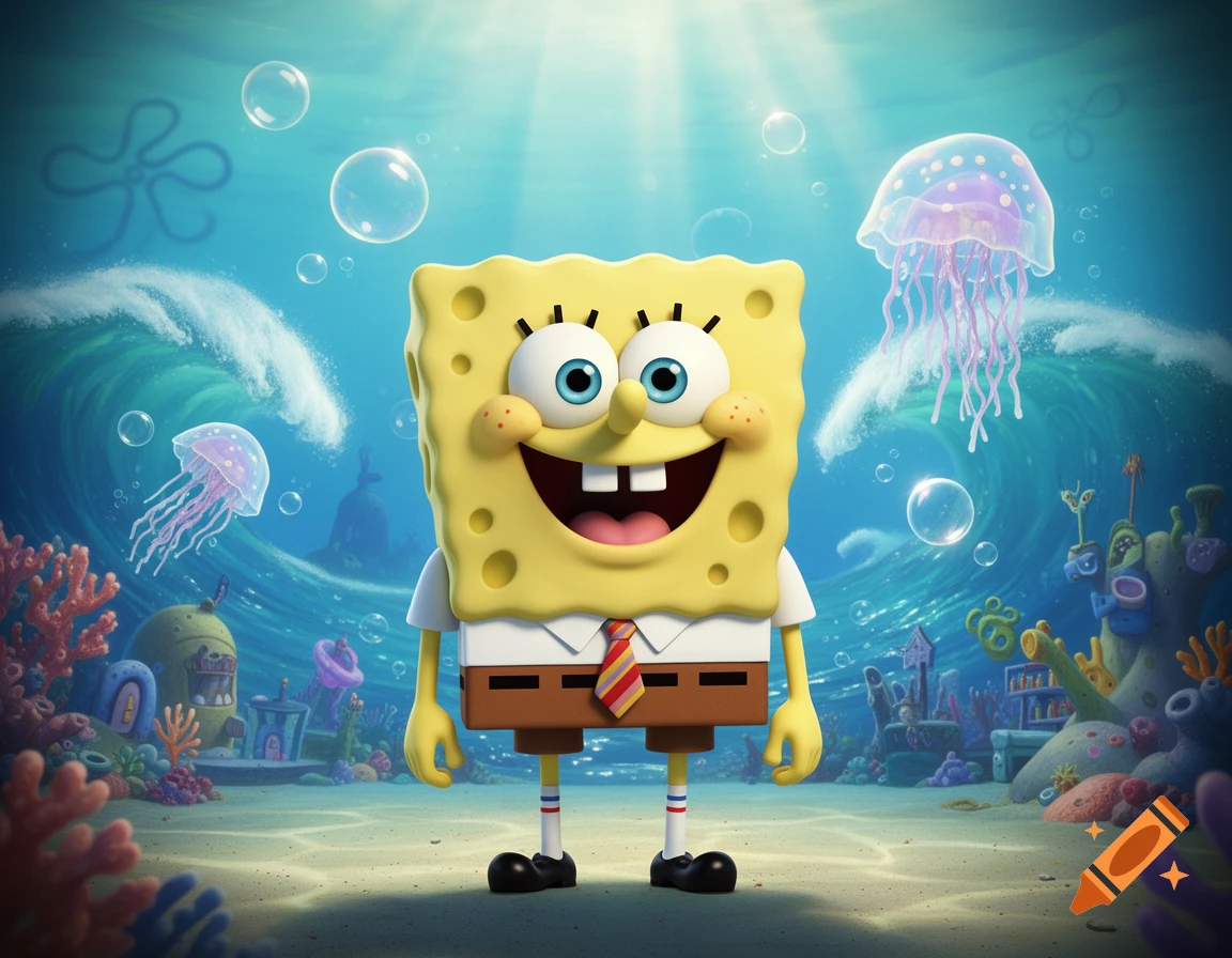 CGI Spongebob Squarepants stands on the sandy ocean floor, smiling happily amidst coral, jellyfish, and crashing waves under clear blue water.