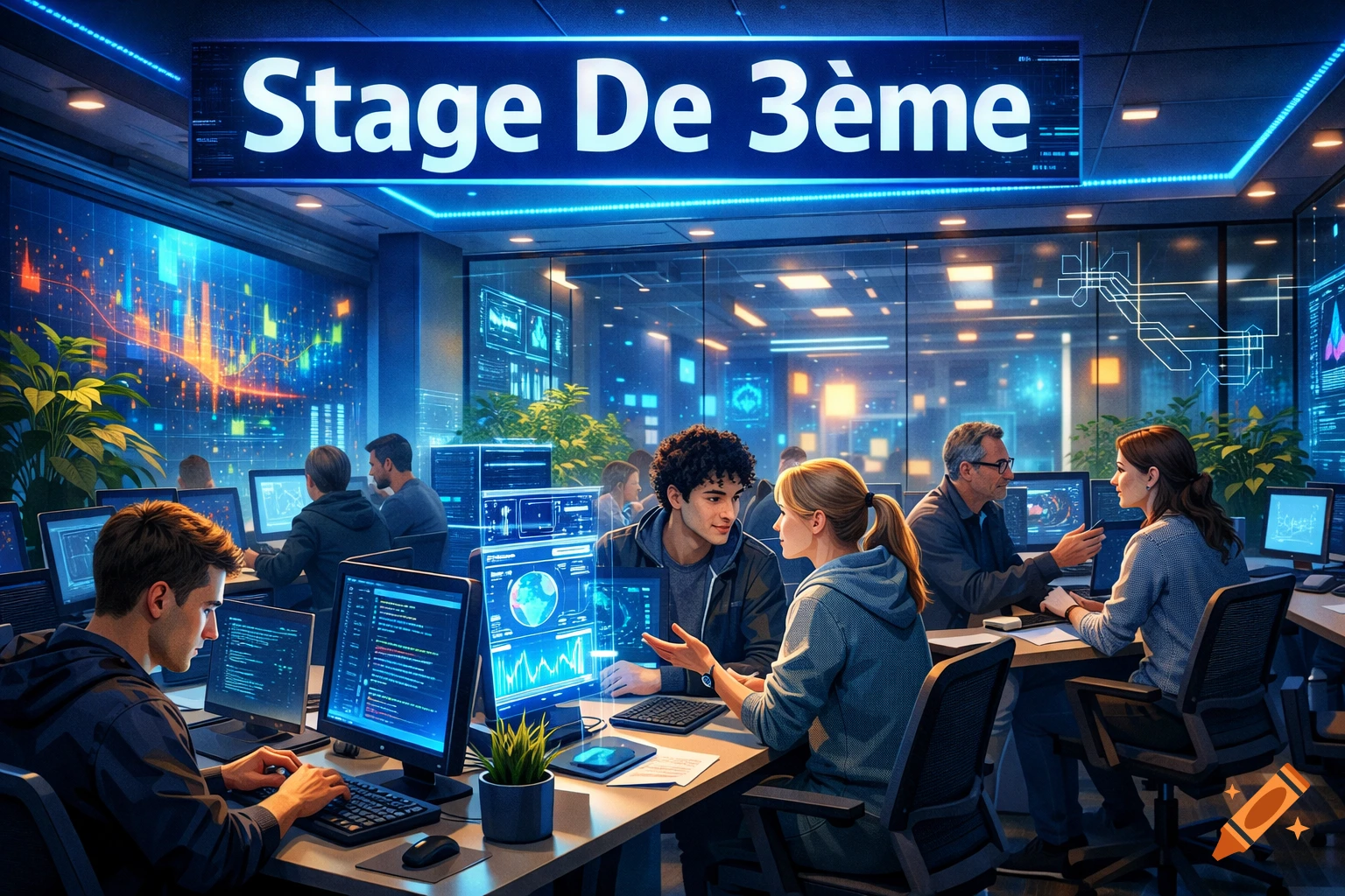 Group of diverse people working in a modern, blue-lit IT office with data displays, under a sign reading 'Stage De 3ème'.