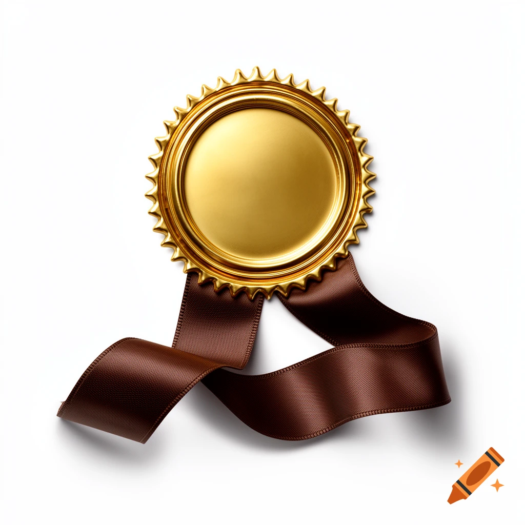 A golden circular seal with serrated edges and a brown ribbon against a white background.