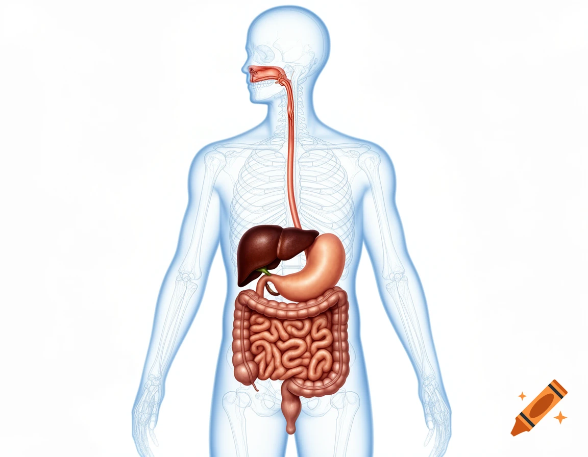 Anatomical illustration of the human digestive system within a transparent body outline, showing esophagus, liver, stomach, and intestines.