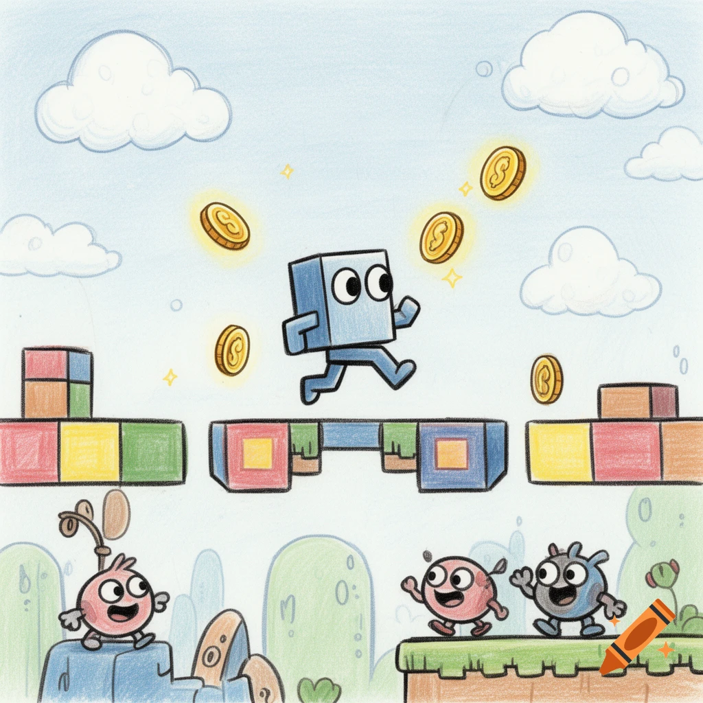 A blue square character runs across colorful platforms collecting gold coins, with two round, smiling enemies below, in a bright cartoon video game scene.