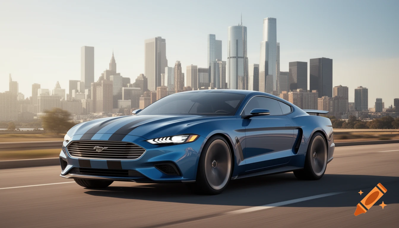 A sleek blue sports car with black racing stripes drives on a highway with a city skyline in the background.