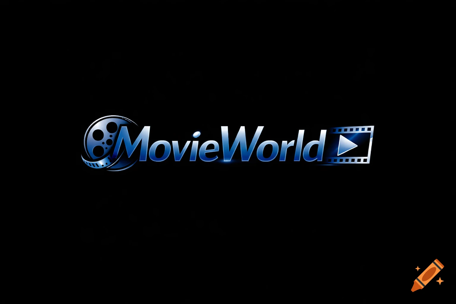 A glossy blue and silver 'MovieWorld' logo featuring a film reel and a film strip with a play button on a black background.