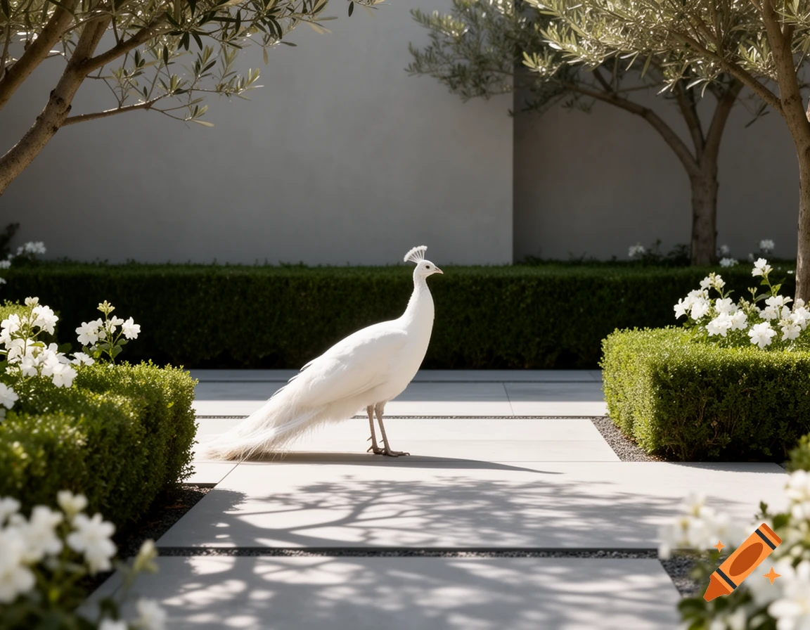 A majestic white peacock walks on light paving in a minimalist garden with hedges, olive trees, and white flowers.