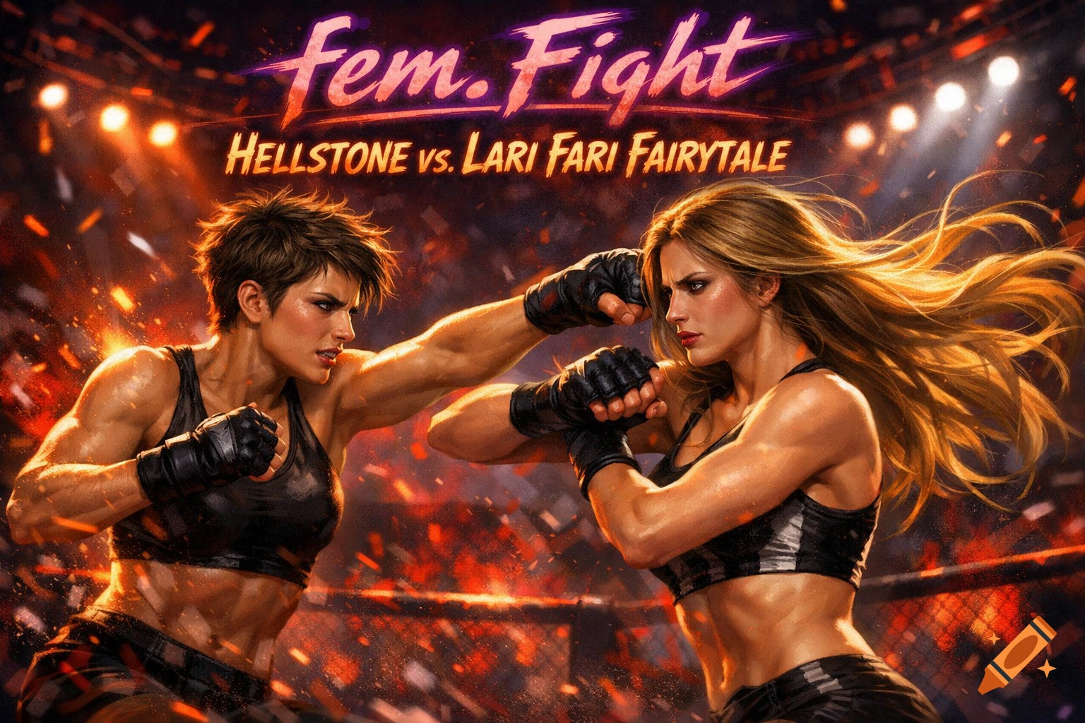Two muscular women boxing in an arena, with 'Fem. Fight - Hellstone vs. Lari Fari Fairytale' text overhead, in a dynamic digital art style.