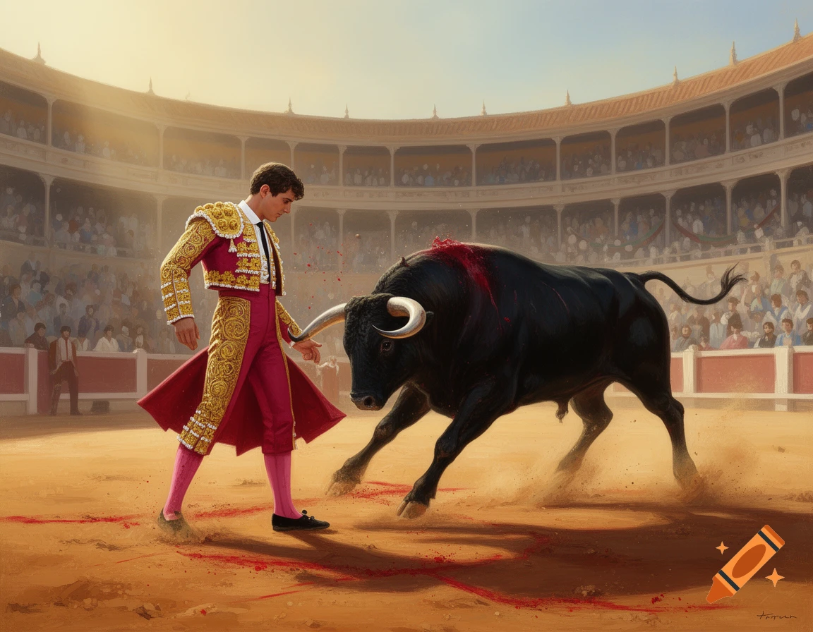 A matador in a traditional suit stands in a sunlit bullring with a powerful black bull, which has blood on its back.