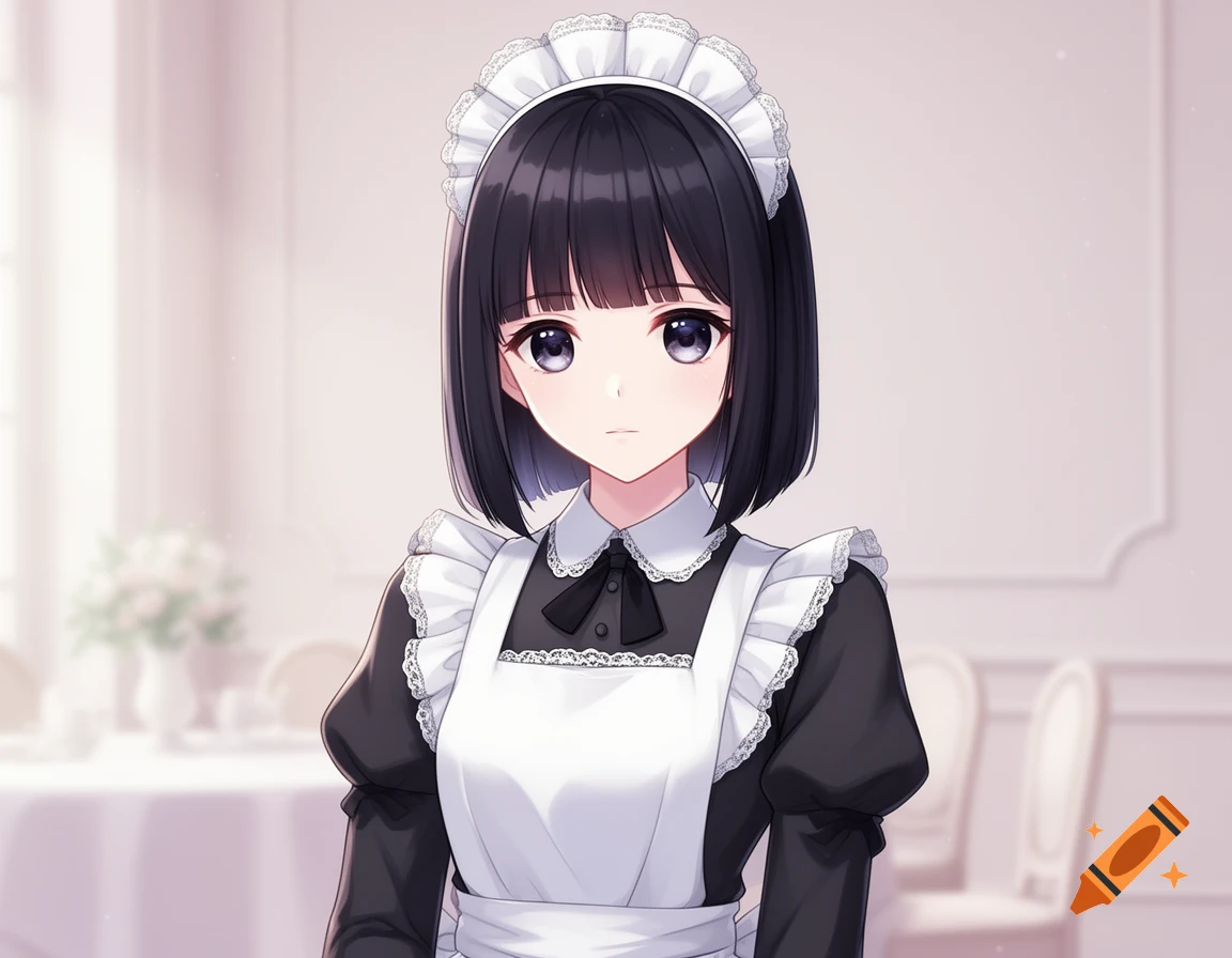 Anime girl with dark bob hair wearing a black and white maid uniform with lace, looking forward in a soft-lit room.