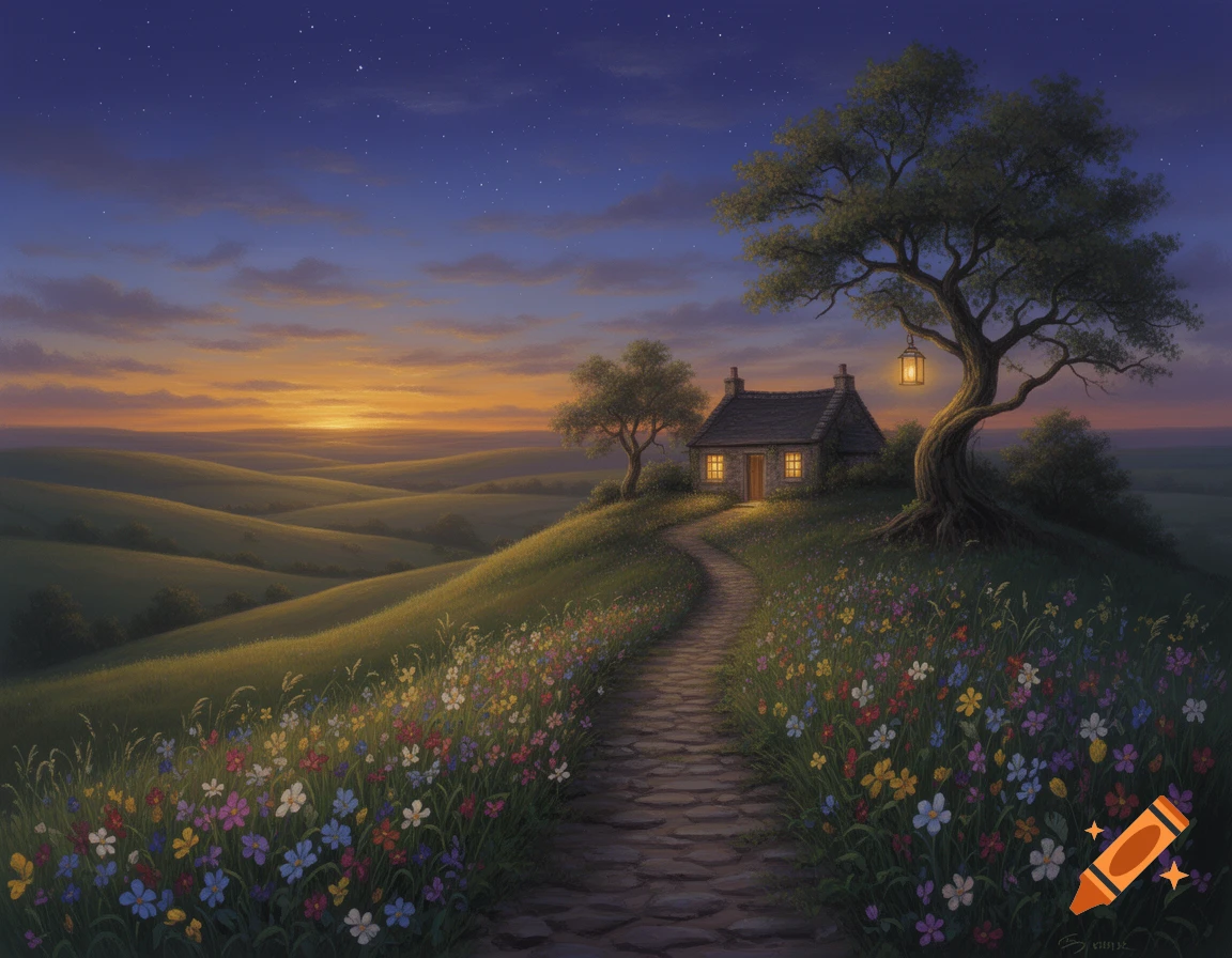 A serene painterly landscape at dusk with a cobblestone path leading to a lit cottage, surrounded by wildflowers and rolling hills under a starry sky.