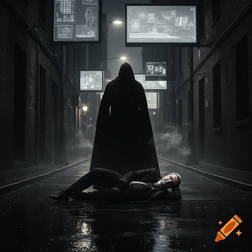 A hooded figure stands over a man lying on a wet alley street at night, with glowing data screens overhead during a rain shower.