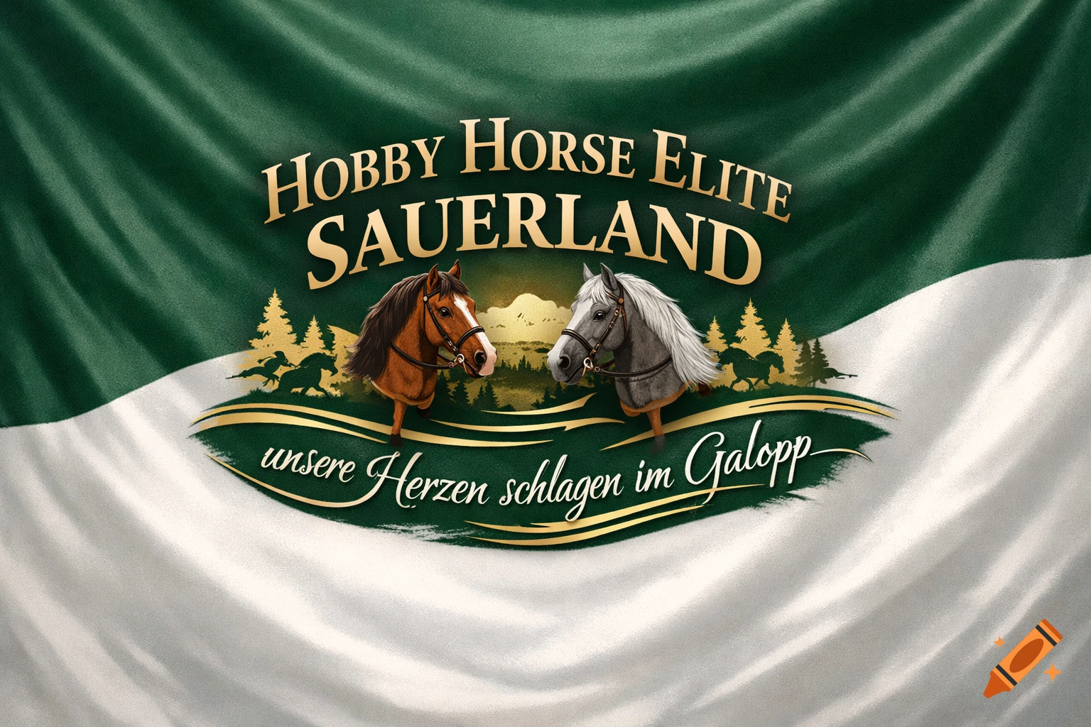 Green and white flag logo for 'Hobby Horse Elite Sauerland' with two hobby horse heads, golden text, and a landscape silhouette.