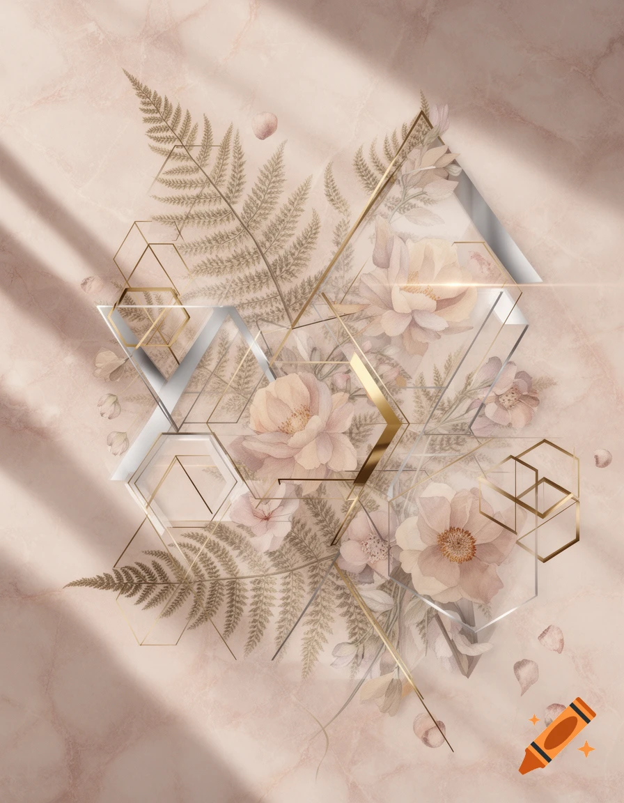 Soft watercolor flowers and fern fronds with gold and silver geometric shapes on a light marble background with sunlight.