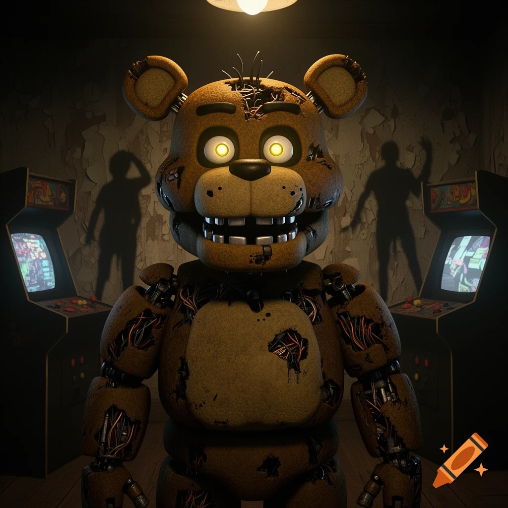 A creepy, worn brown animatronic bear with glowing yellow eyes stands in a dark, dilapidated arcade with two arcade machines and shadowy figures in the background.