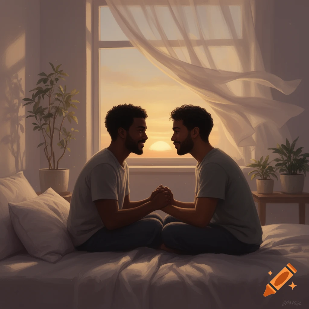Two men hold hands and gaze into each other's eyes while sitting on a ...