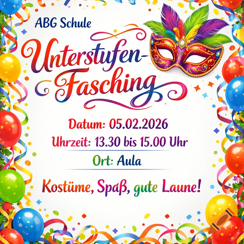 Colorful school carnival flyer with a feathered mask, balloons, confetti, streamers, and event details in German.