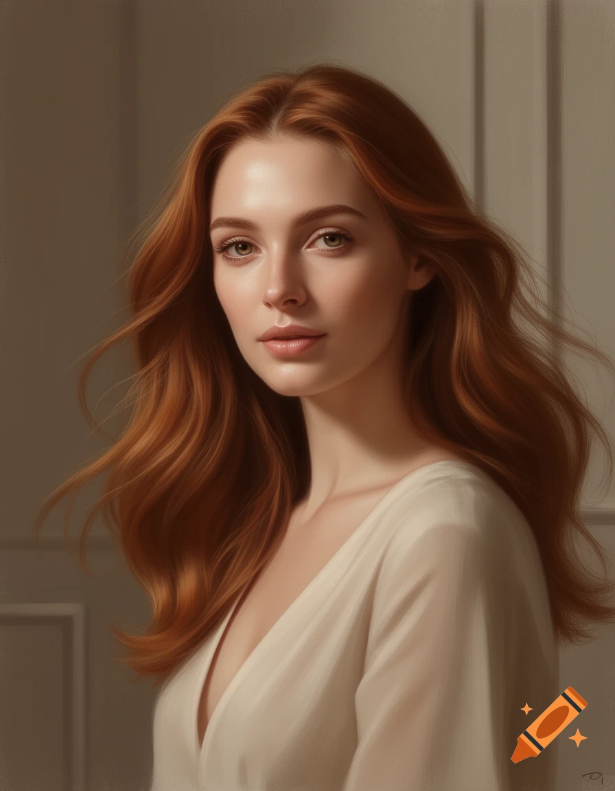 A photorealistic portrait of a woman with long wavy red hair, wearing a ...