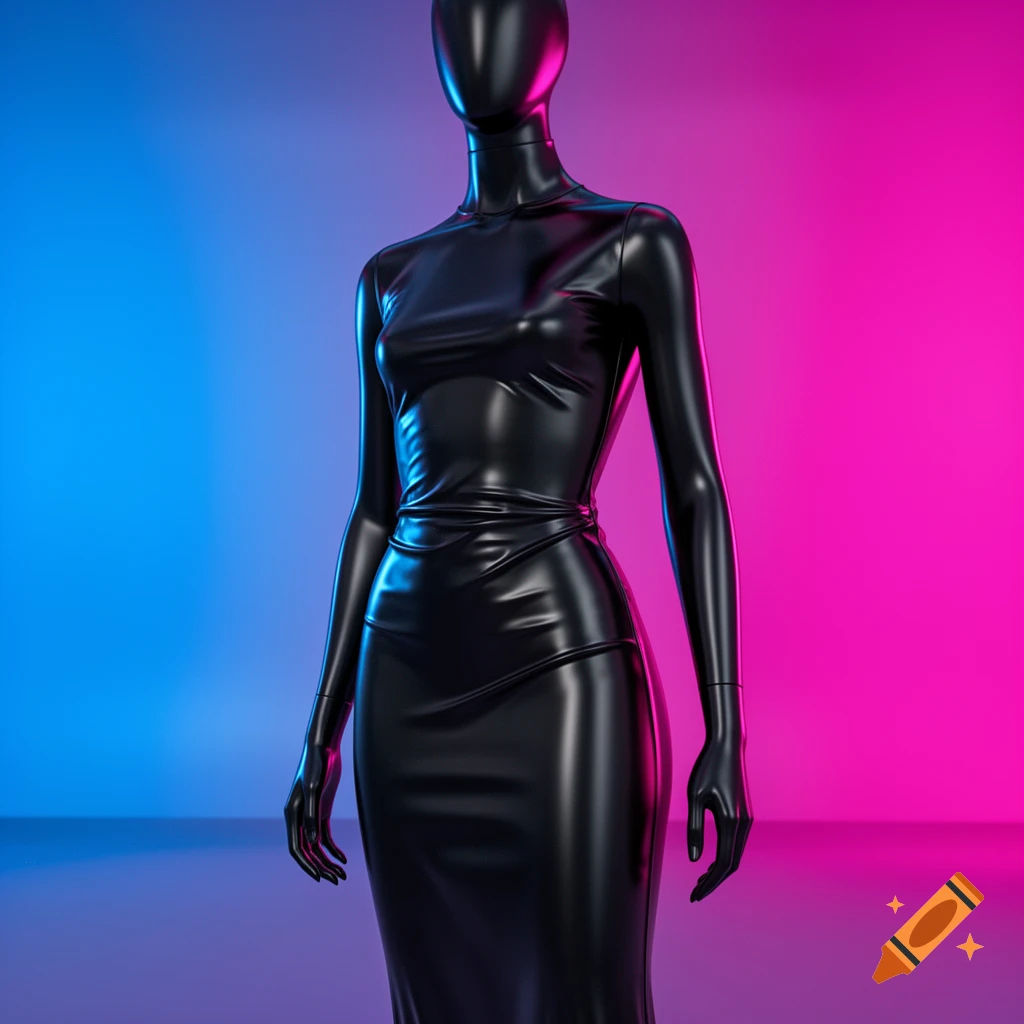 A black mannequin wears a shiny black latex dress against a vibrant neon pink and blue gradient background in a studio shot.