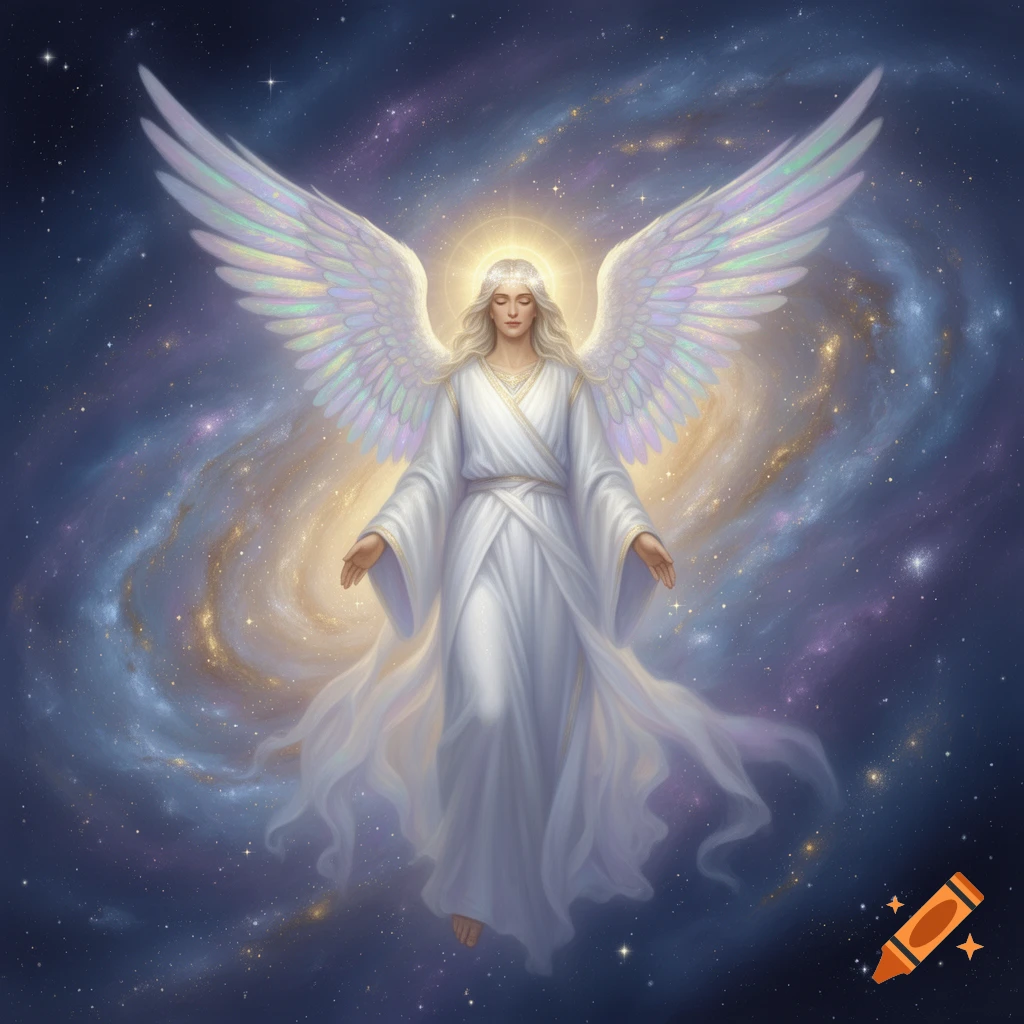 A serene angel with large iridescent wings floats in a starry cosmic ...