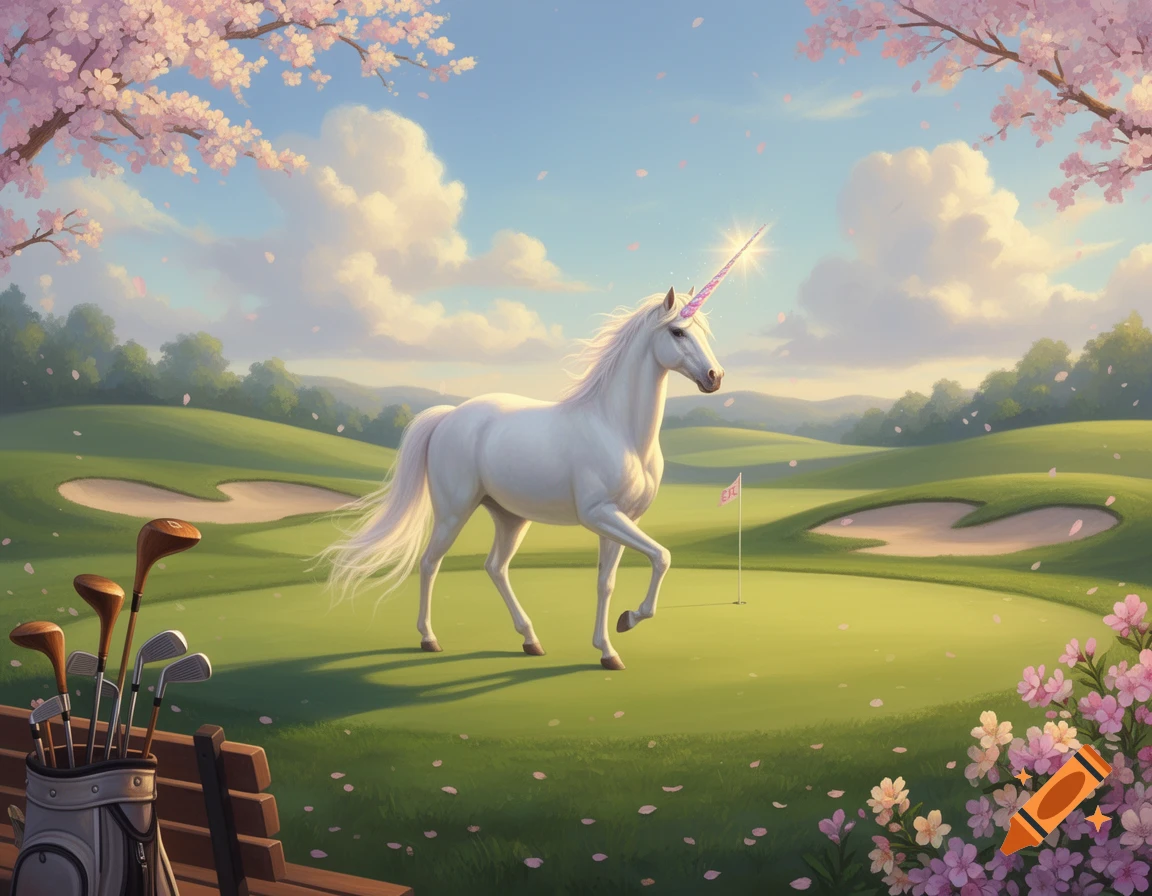 A white unicorn with a sparkling pink horn stands on a sunny green golf course under pink cherry blossom trees, with golf clubs near a bench.