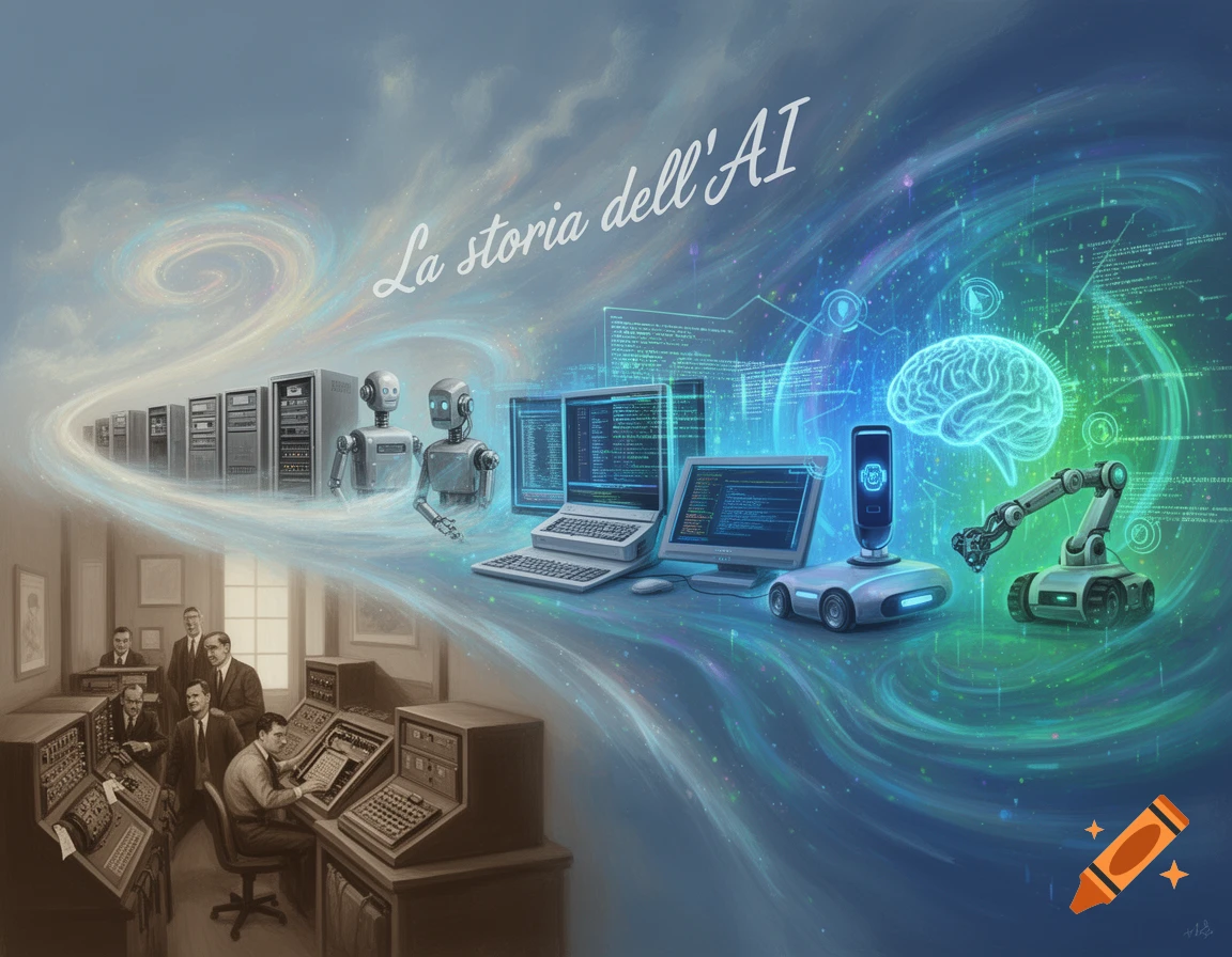 A conceptual image depicting the history of AI, showing vintage computers and scientists evolving into futuristic robots and digital interfaces.