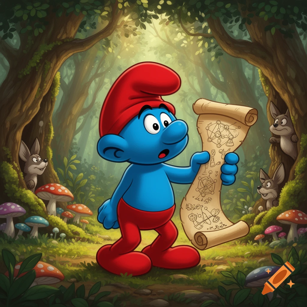 A surprised Smurf wearing a red hat and pants stands in a vibrant forest, holding a scroll with illegible symbols. Small gray creatures peek from trees, and colorful mushrooms dot the ground.