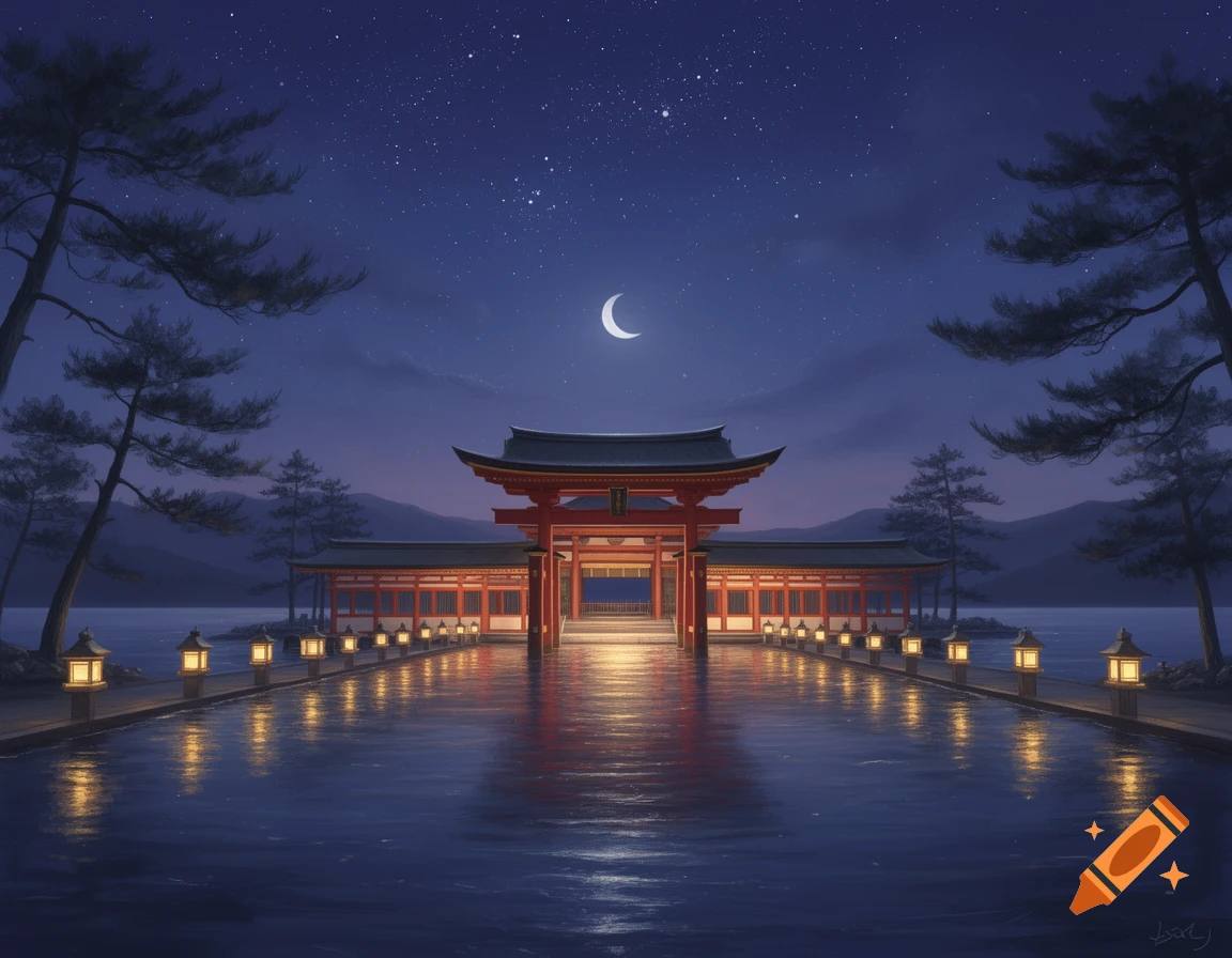 Itsukushima-style shrine illuminated by lanterns under a starry night sky with a crescent moon, reflecting on water.