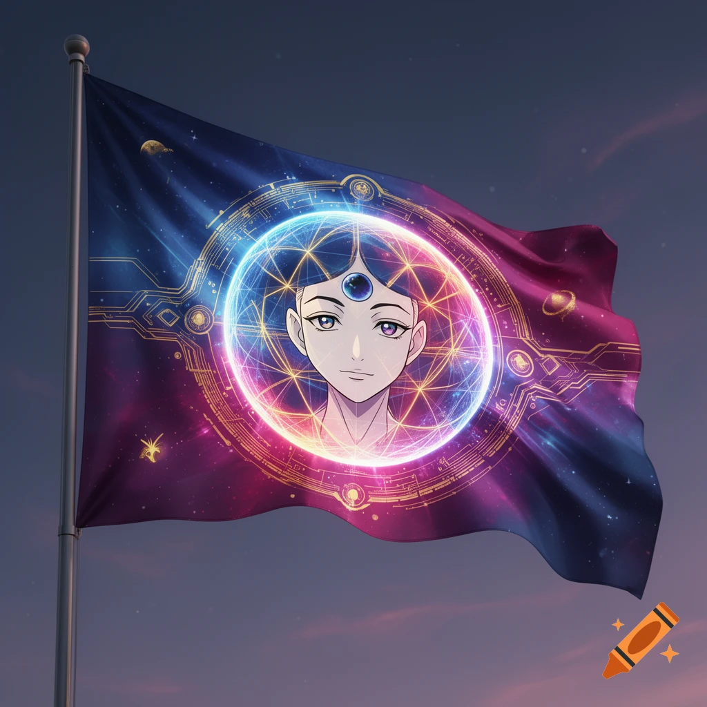 A flag featuring an anime-style face with a glowing third eye and cosmic circuitry, against a twilight sky.